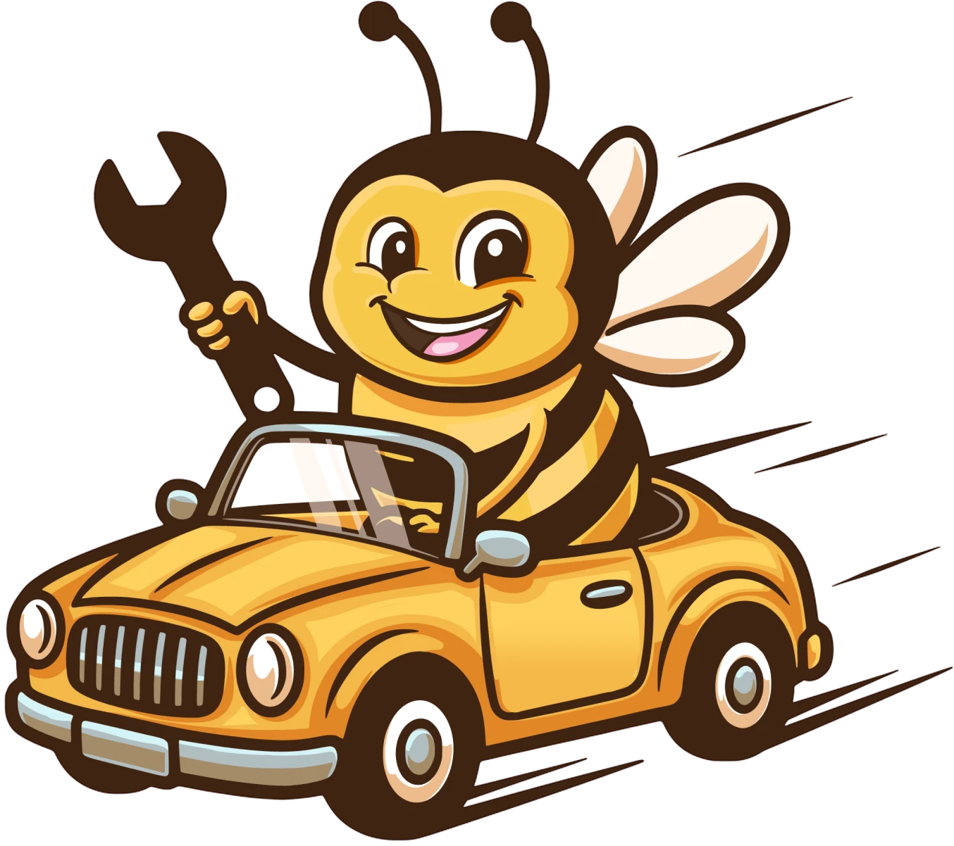 Cartoon bee mechanic in a car