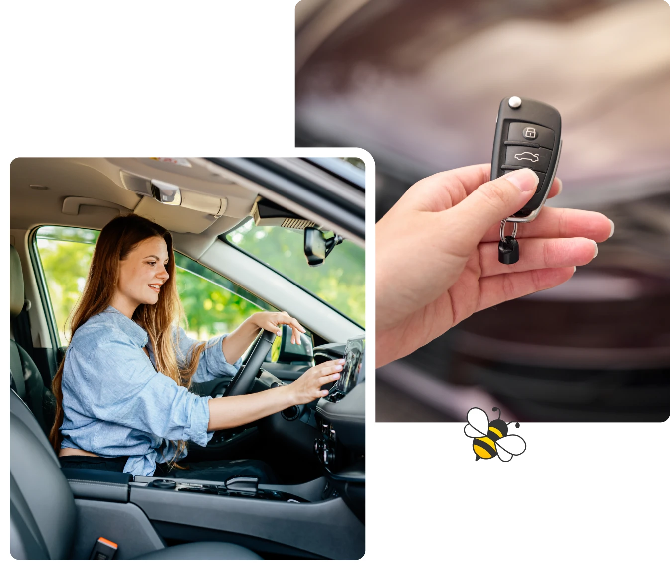 Woman driving car with key fob
